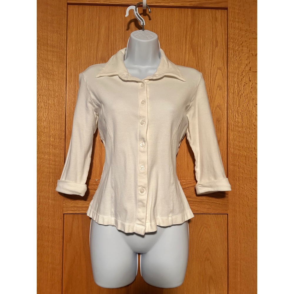 Vintage Tangents Women Cream Off White 3/4 Sleeve Button Front Jersey Top Small